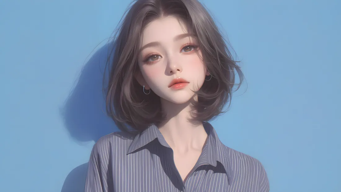 浅蓝色纯色背景前，灰棕短发、穿条纹衬衫的年轻女性半身像，墙面投射柔和阴影。