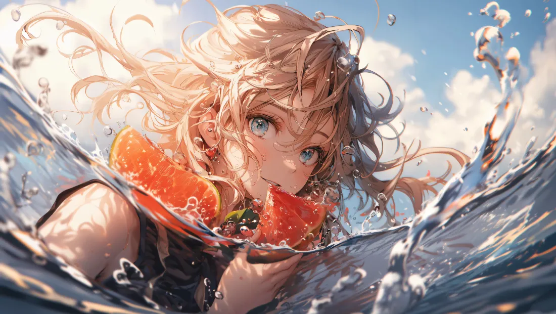 4kOlor壁纸|夏之水韵背景图片 - 水中少女「哲风壁纸」 夏日水中的金发二次元少女,手持西柚片,水花飞溅,背景是蓝天白云。