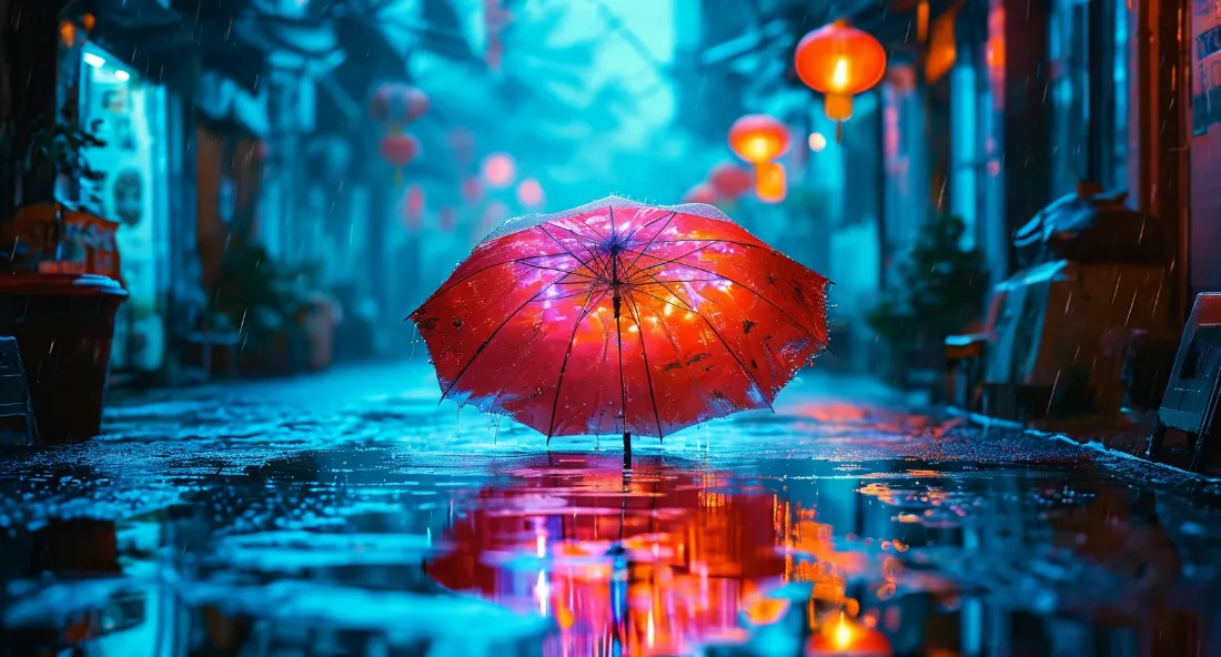2k街道艺术背景图片 - 雨中红雨伞「哲风壁纸」