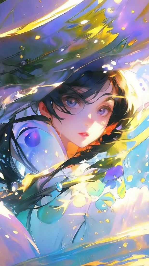 黑长紫瞳少女脸部特写，紫黄青交织的梦幻光影环绕，氛围浪漫柔美。