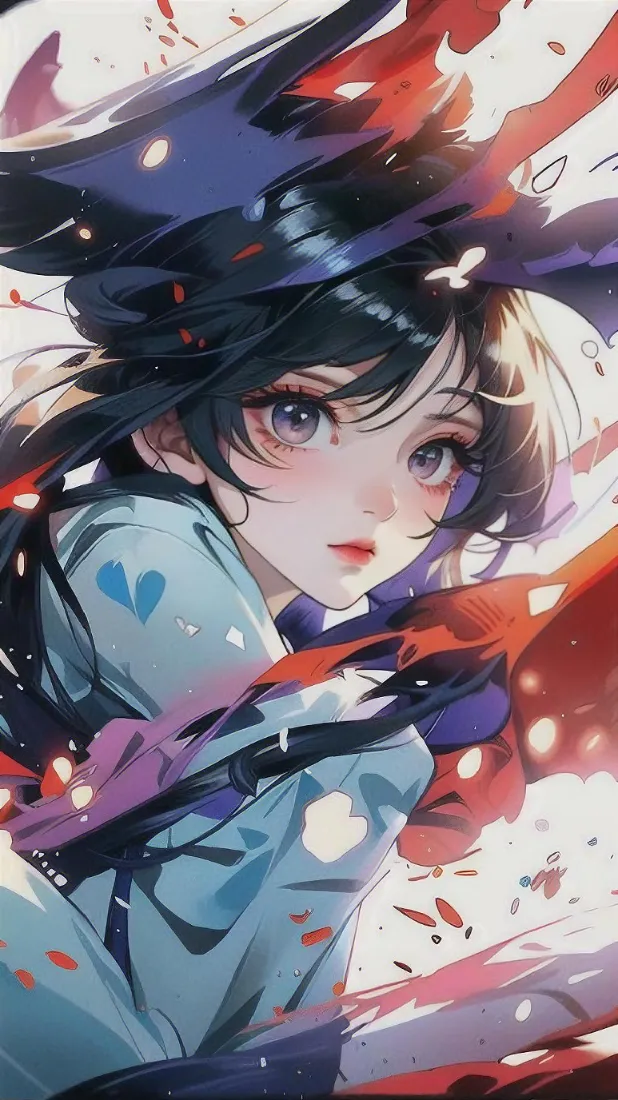 二次元黑发少女半身特写，红紫飘带环绕，眼神沉静望向观者