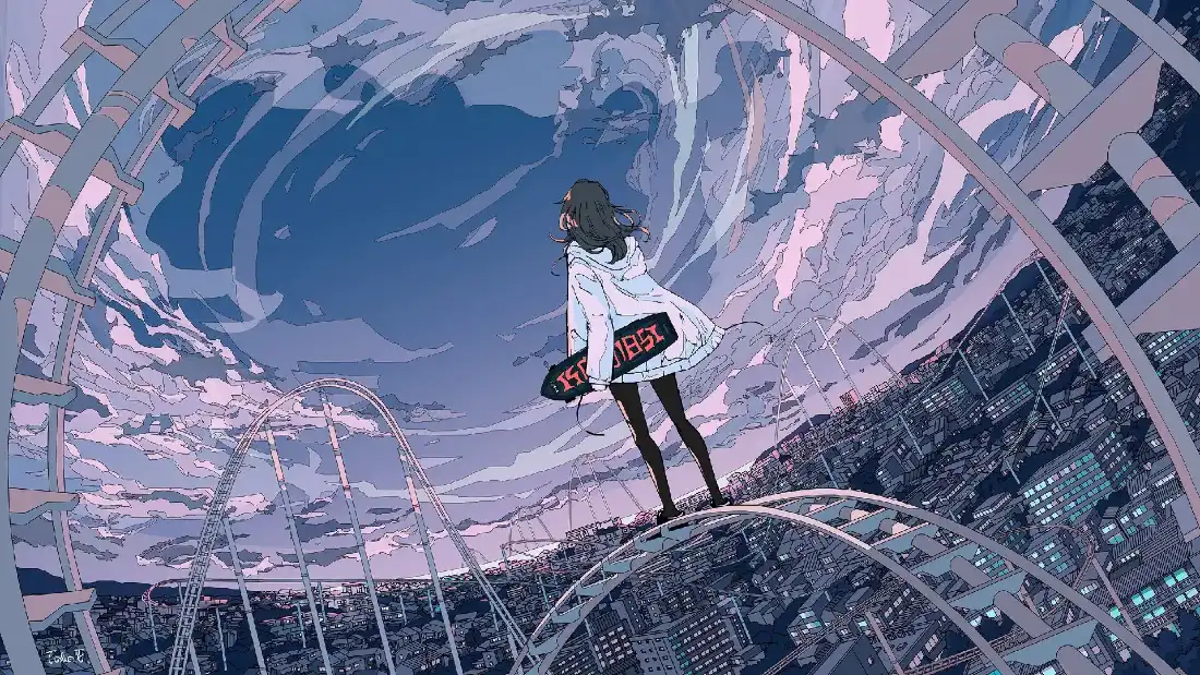 2k少女动漫壁纸|梦幻科幻背景图片 - 唯美场景「哲风壁纸」 持滑板的白衣少女站在未来科幻结构上,望向粉蓝渐变的漩涡状天空。