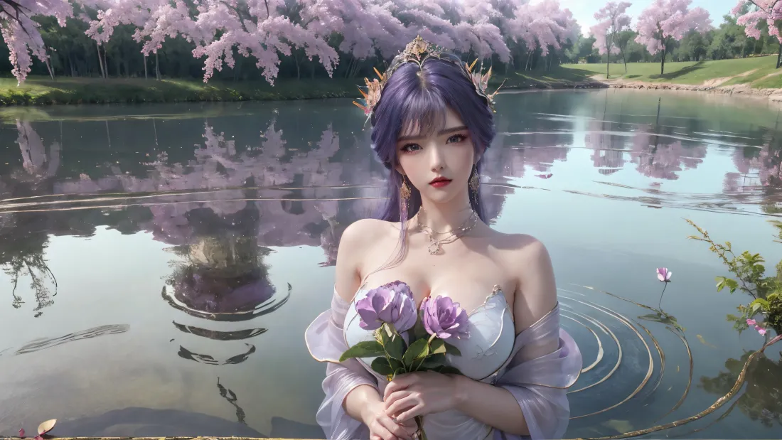 紫发女子立于湖畔，手持紫色花束，背景是倒映花树的平静湖面