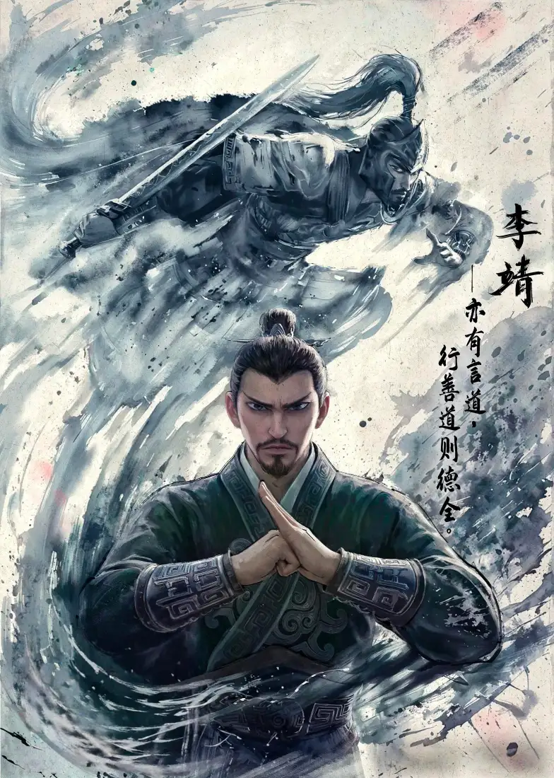 水墨风格李靖立绘，前景结印，身后持剑虚影环绕，右侧配书法题字