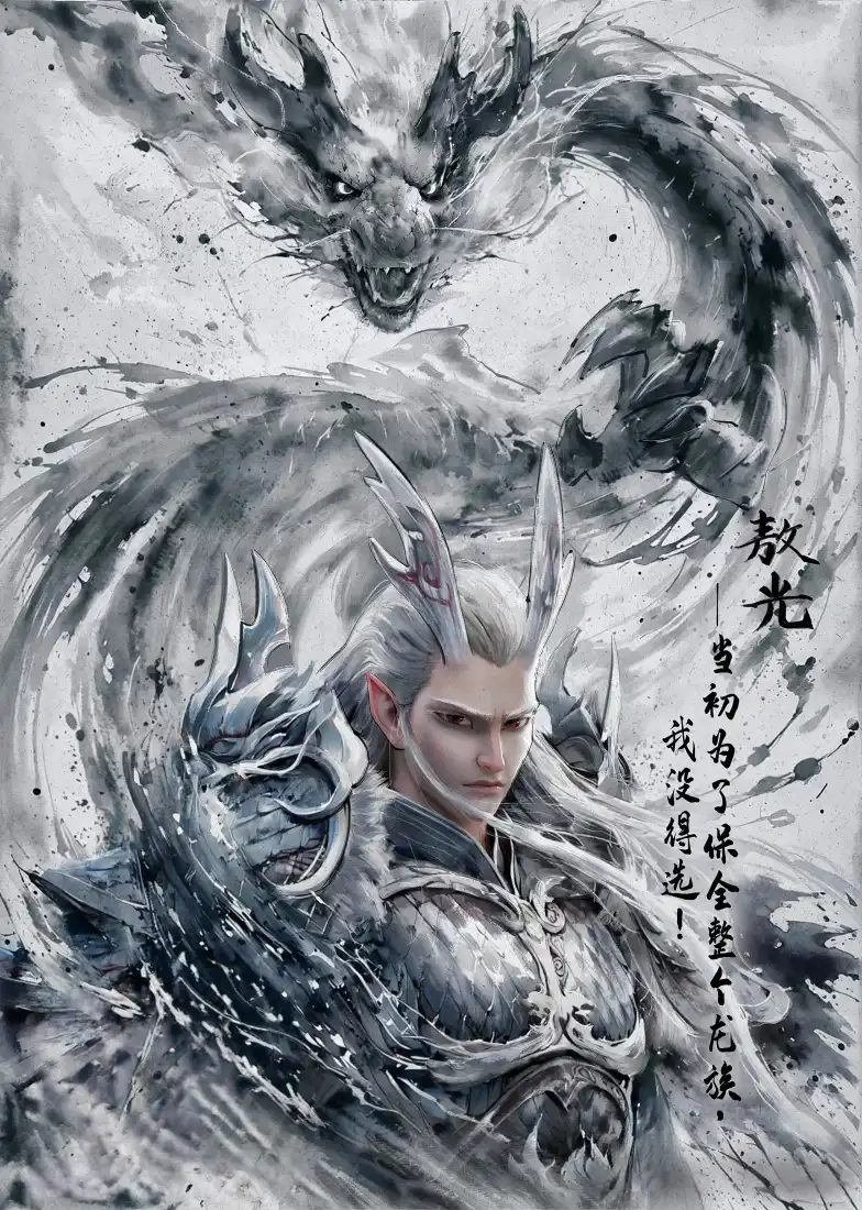 水墨风敖光立绘，身后盘绕水墨巨龙，右侧竖排书法题字。