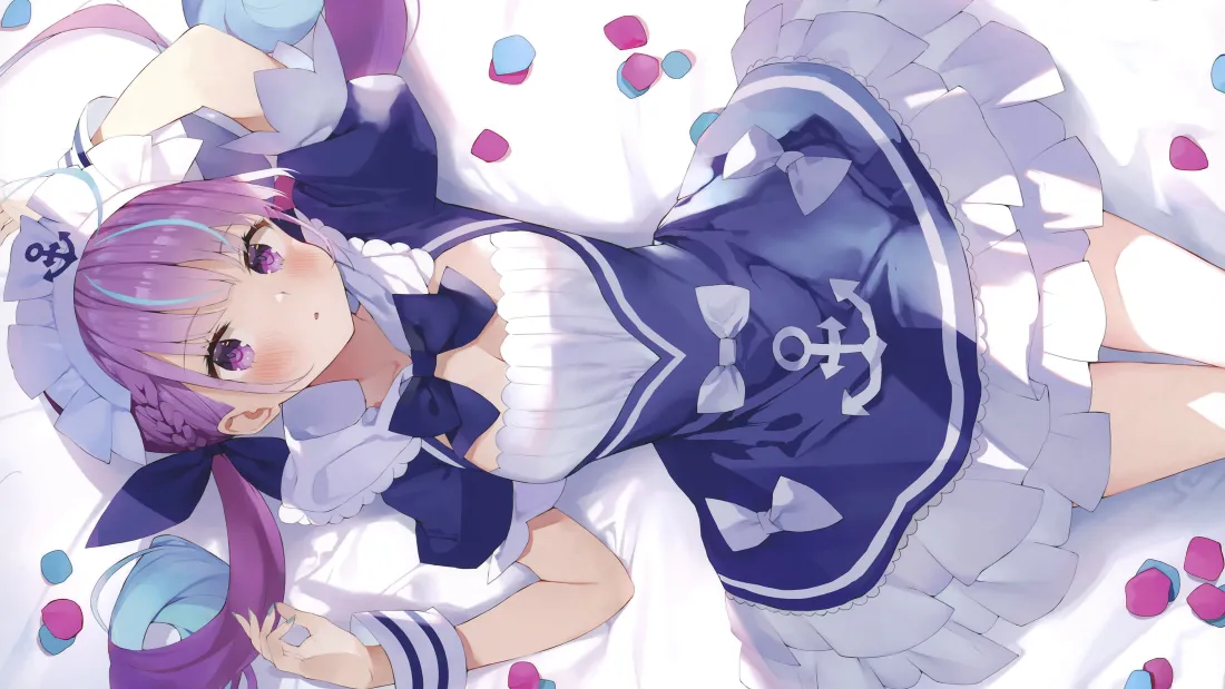 紫发双马尾少女身着蓝白水手风女仆装躺卧，周围散落粉蓝花瓣