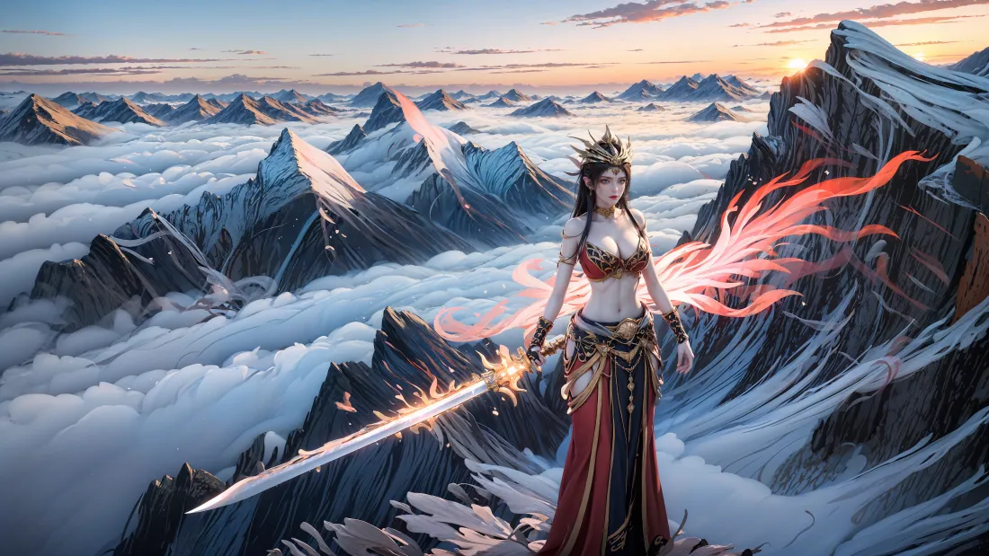 美杜莎立于云海雪山之巅，手持燃焰长剑，身后飘着火焰状光翼。