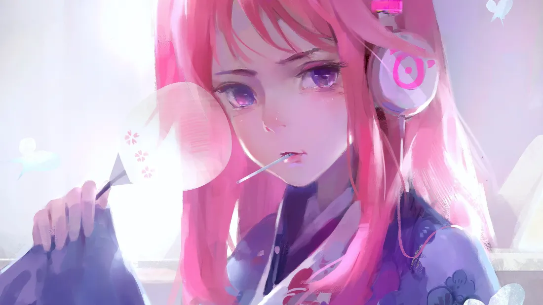 粉发紫瞳戴耳机的动漫少女，手持小物件，背景柔和明亮。