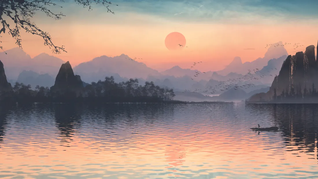 4k晚霞山水壁纸｜夕阳倒影背景图片 - 中国风「哲风壁纸」