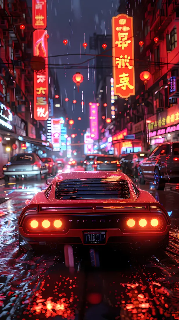 雨夜霓虹街道上，红色跑车尾灯亮起，两侧中式招牌与灯笼林立，路面倒映灯光。