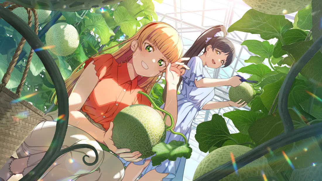 4k少女哈密瓜动漫壁纸 - 清新背景图片「哲风壁纸」 温室瓜田中两名少女采摘哈密瓜,阳光透过玻璃洒落,氛围清新治愈。