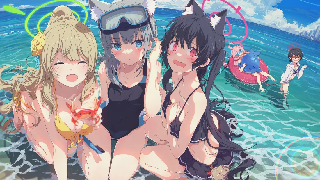 蔚蓝浅海水中，多名身着泳装的兽耳二次元少女嬉闹，夏日氛围清新明快。