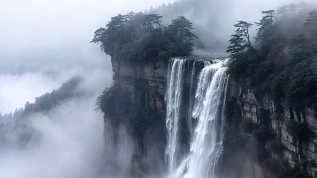 4kAI瀑布壁纸|梦幻山水背景图片 - 自然奇观「哲风壁纸」 云雾缭绕的悬崖峭壁上倾泻而下的瀑布,崖顶生长着苍松。
