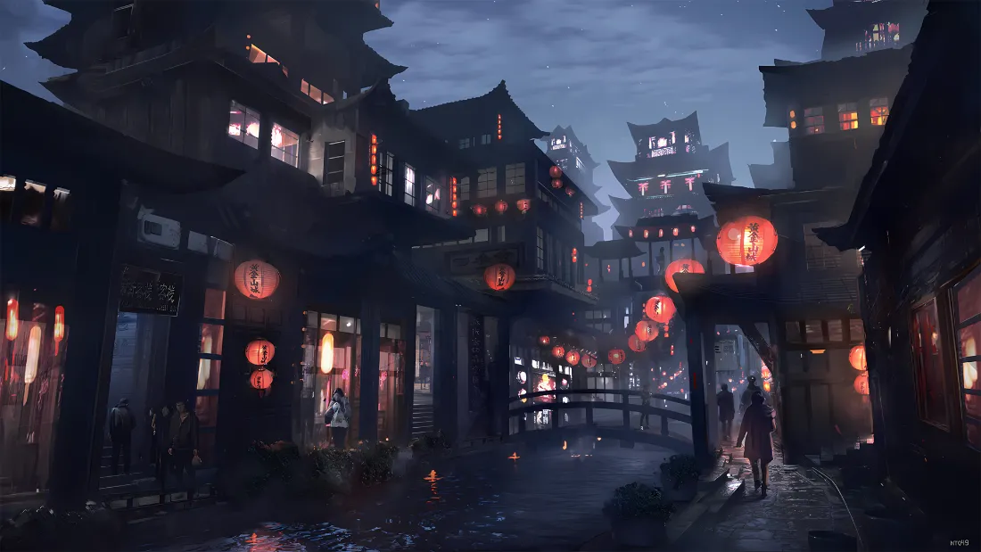 夜晚的古风小镇街道，两侧中式建筑挂满红灯笼，行人漫步，氛围梦幻。