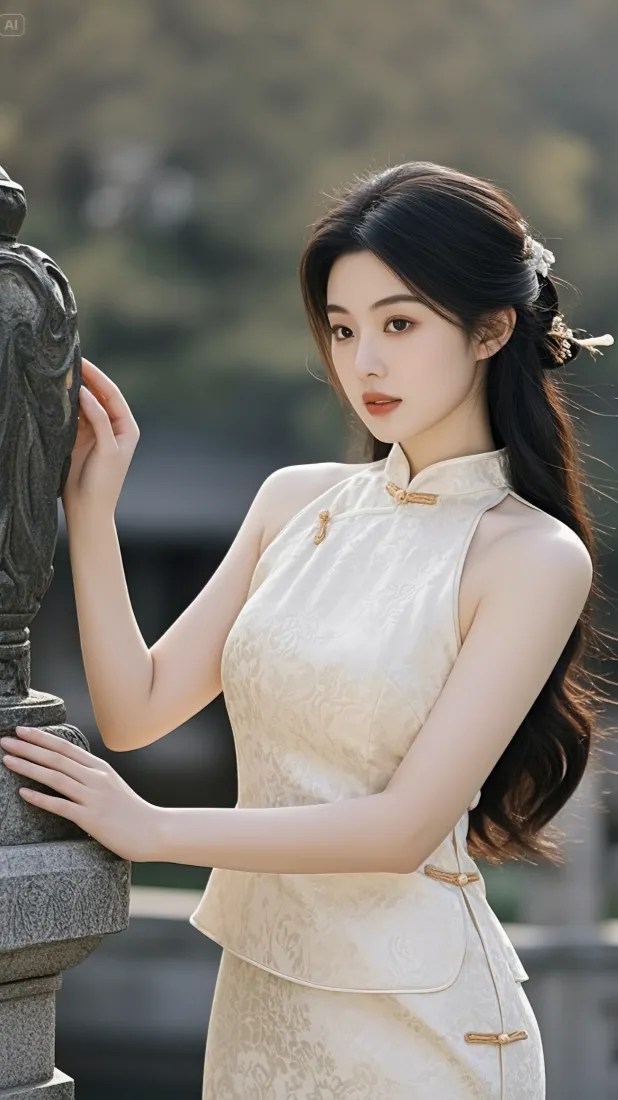 旗袍美女手机壁纸｜园林石栏旁背景图片 - 古典温婉「哲风壁纸」