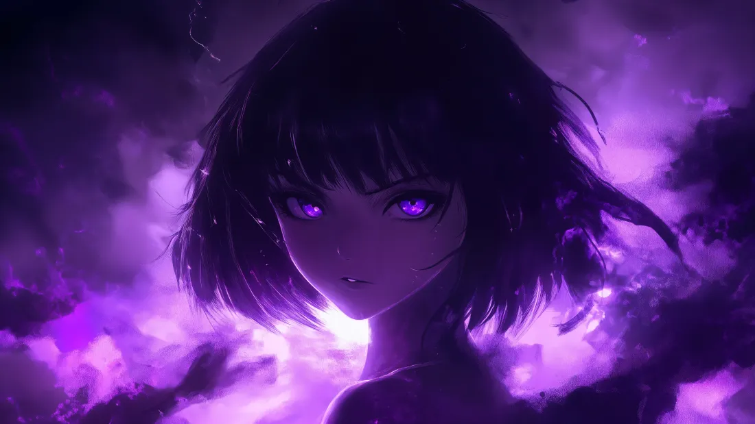 紫眸短发二次元少女，置身弥漫的紫色云雾中，氛围梦幻神秘