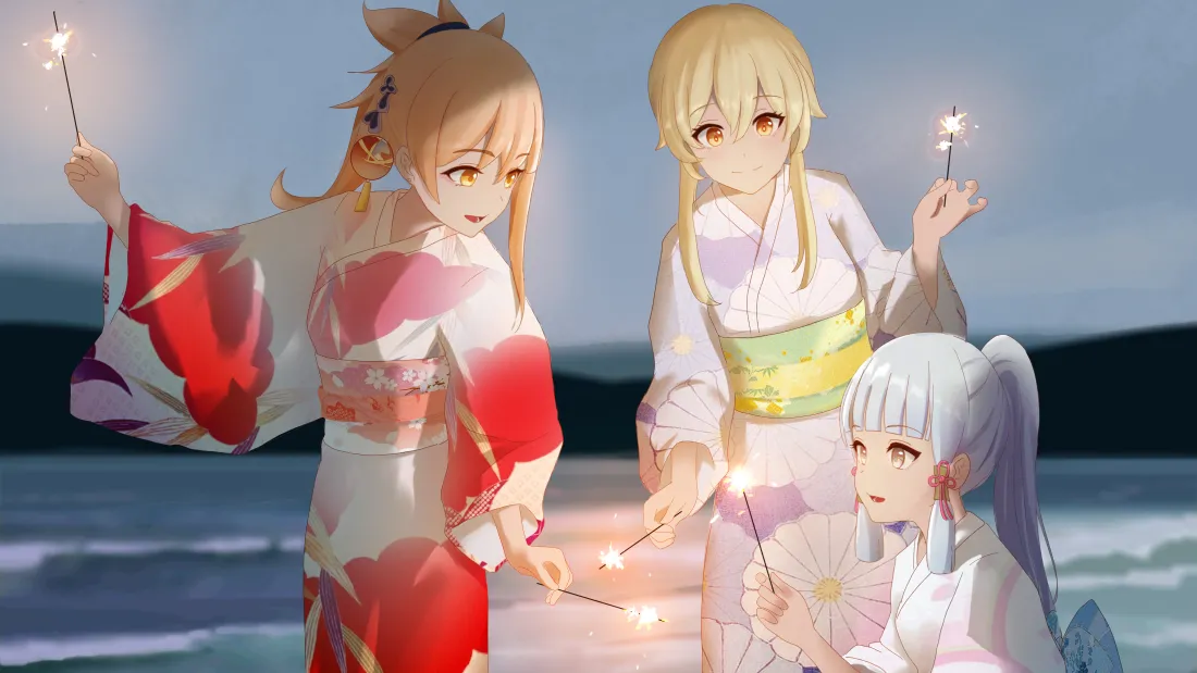三位身着浴衣的原神女性角色在暮色海边手持线香烟花嬉戏