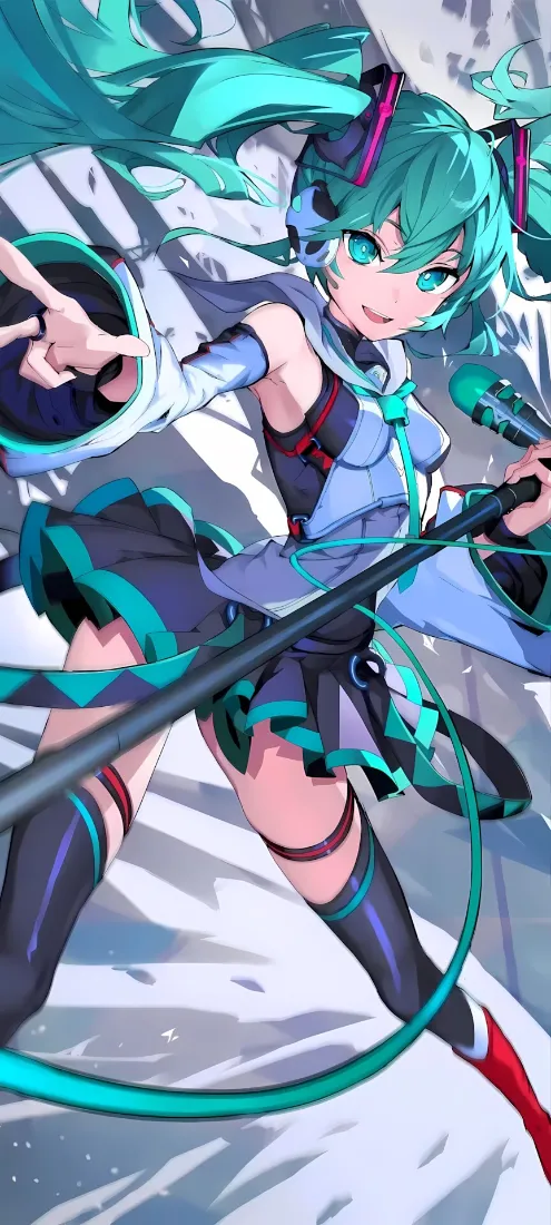 初音未来手机壁纸｜持麦双马尾少女背景图片 - 酷炫动感「哲风壁纸」