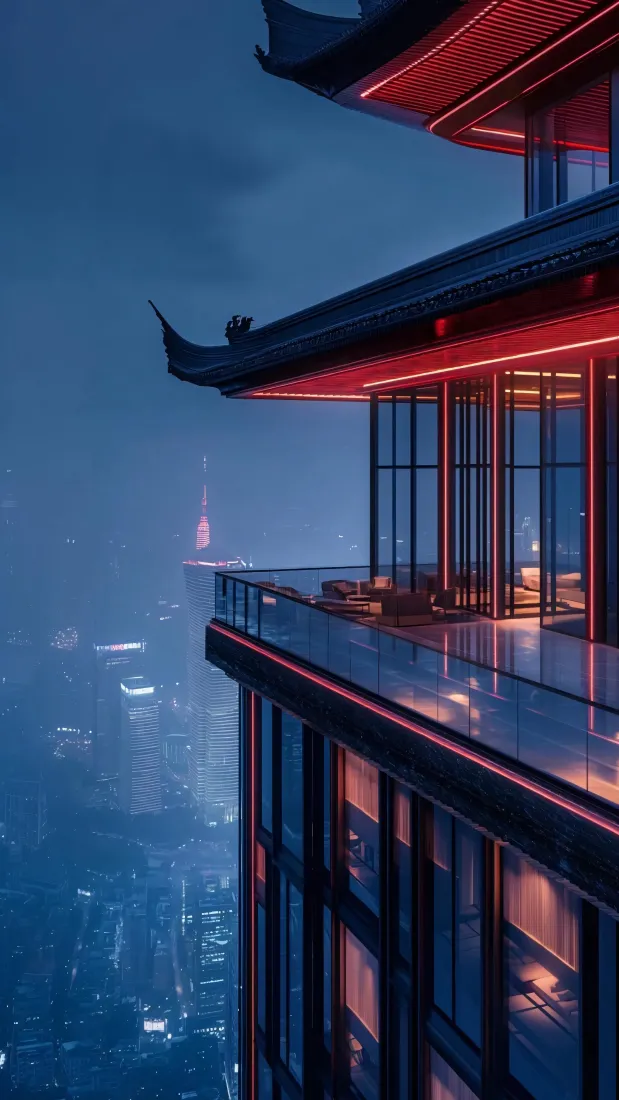 赛博朋克风格高空中式飞檐建筑，俯瞰雾霭中的上海城市夜景