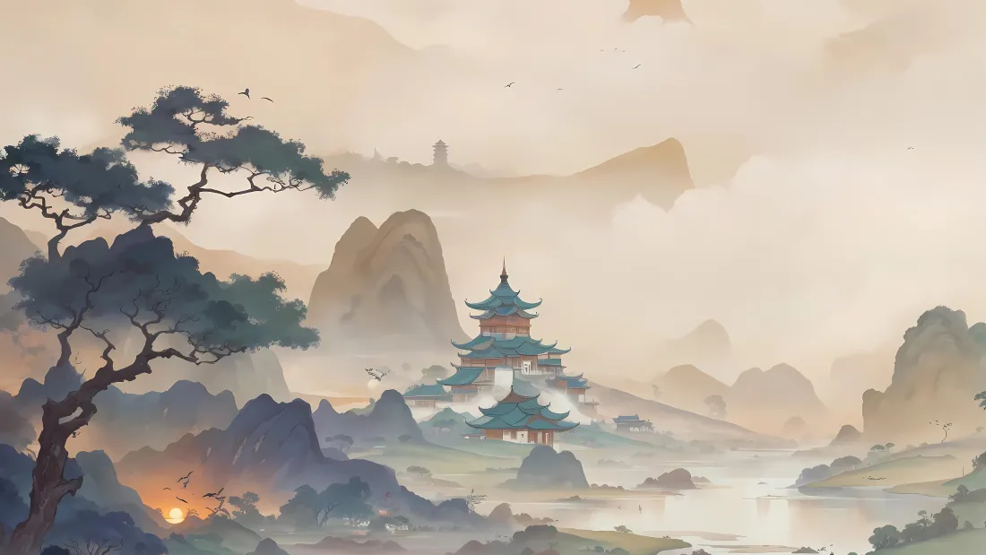 4kAI水墨山水壁纸|中式意境背景图片 - 古风美景「哲风壁纸」 水墨风山水间,左侧苍松挺立,中央古建楼阁隐于雾中,远山层叠,落日余晖晕染天际。