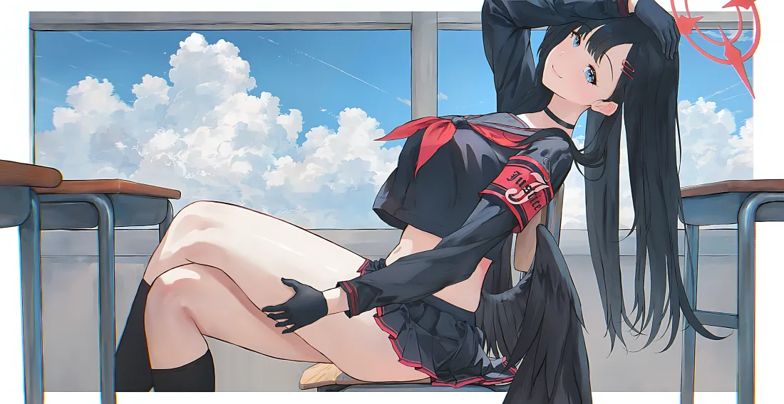 教室窗边，黑发红瞳二次元少女身着黑红水手服坐姿舒展，窗外是蓝天白云。