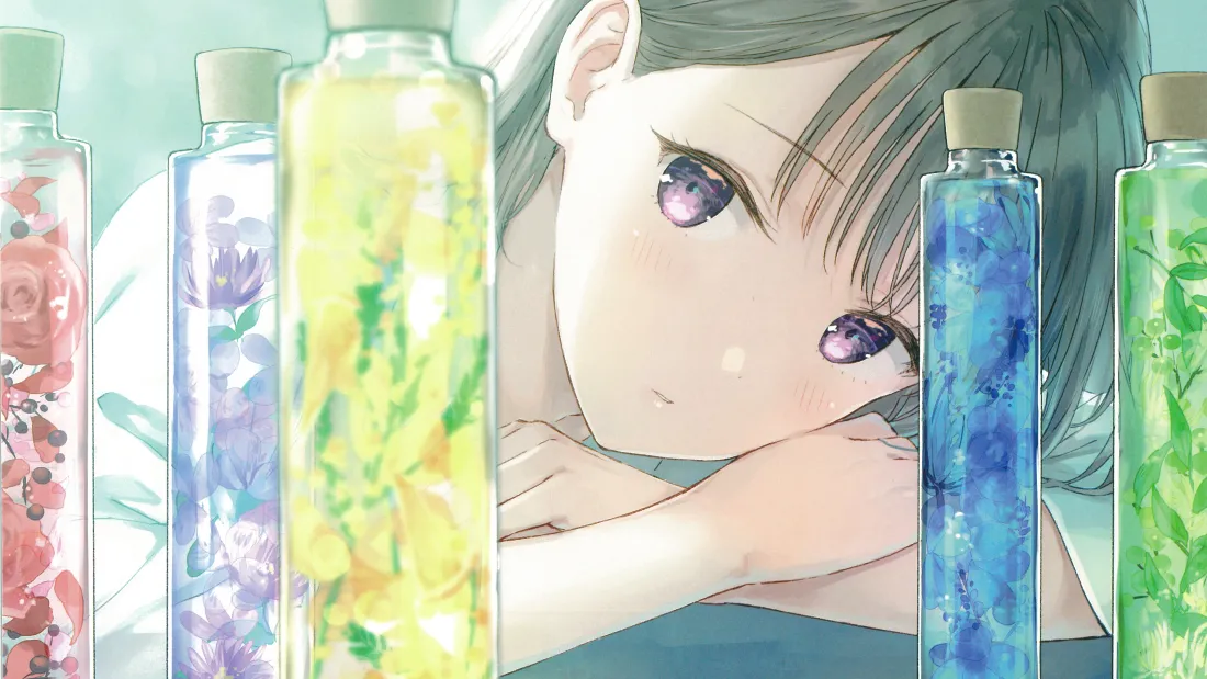 4k二次元少女壁纸|彩色玻璃瓶少女背景图片 - 清新治愈「哲风壁纸」 灰发紫瞳二次元少女手肘托腮,身前排列多支装有彩色干花的玻璃瓶。