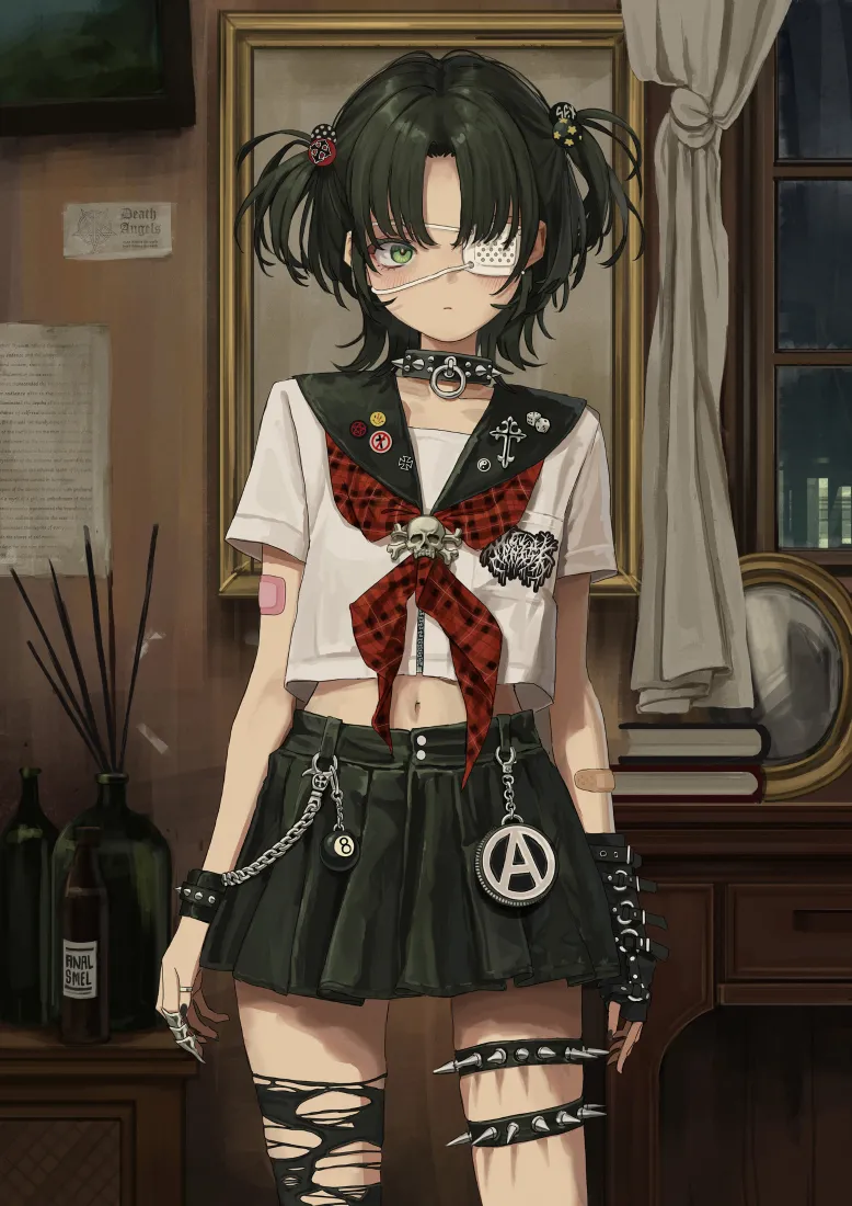 暗黑朋克风双马尾眼罩少女，身着短款水手服与破洞短裙，立于复古室内。