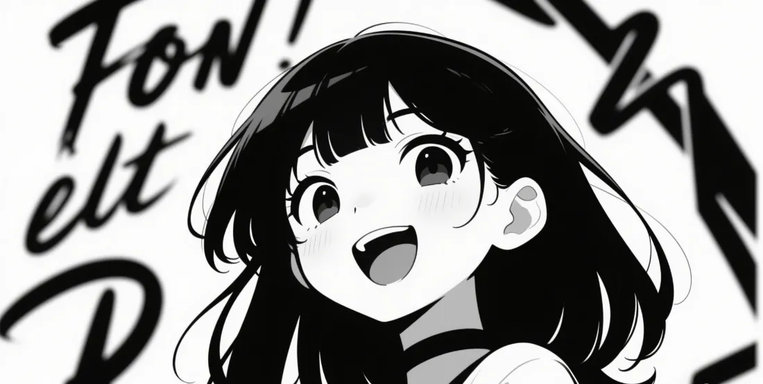 黑白复古漫画风短发少女笑脸特写，背景有模糊手写英文与装饰线条。
