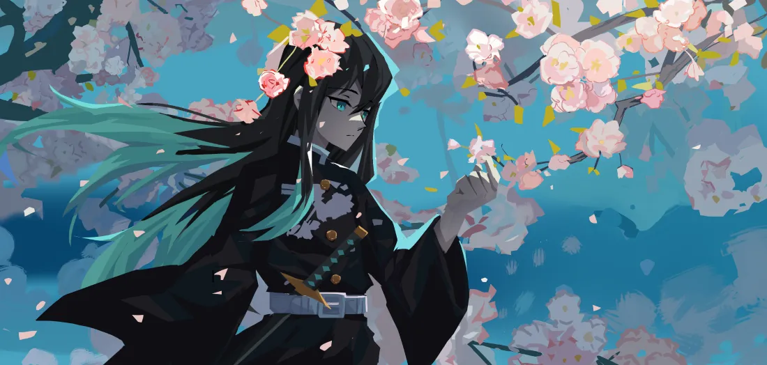 时透无一郎立于飘落的樱花间，抬手轻触花枝，背景是清透蓝天。