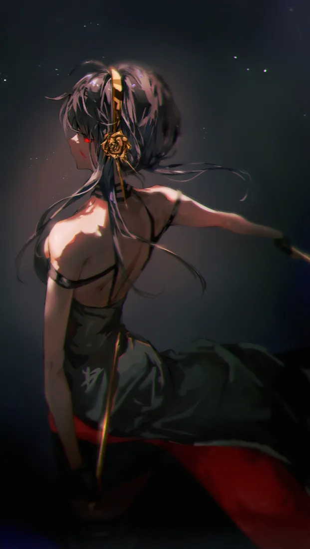 暗调星空背景下，持剑露背的黑发二次元少女侧身而立