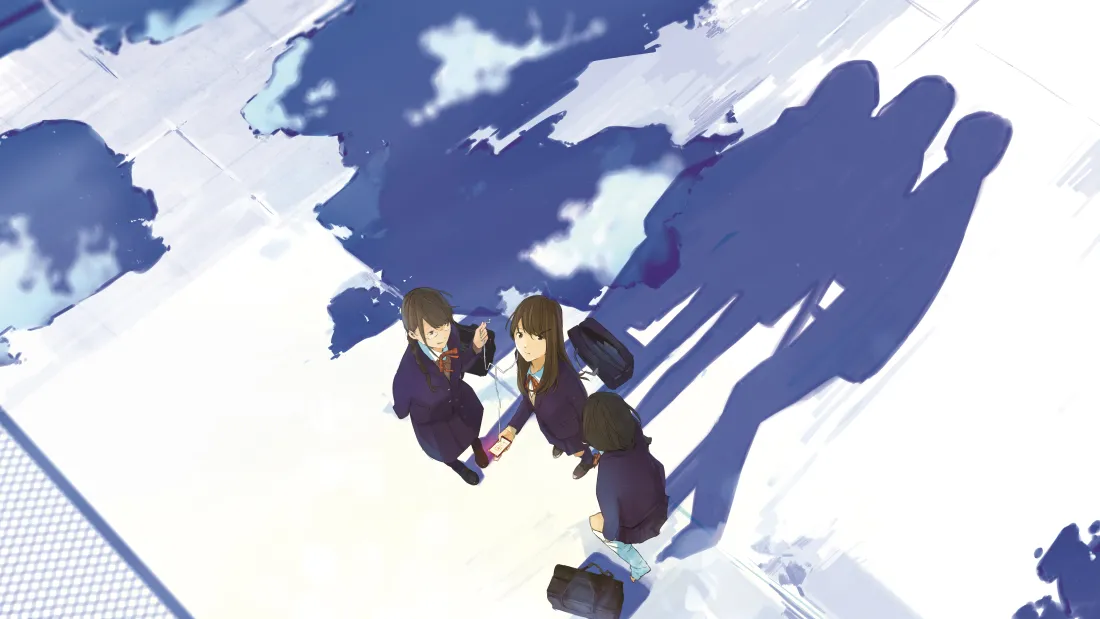 俯视视角下三名穿校服的女学生站在积雪地面上，地面投射出巨大的手掌状阴影。