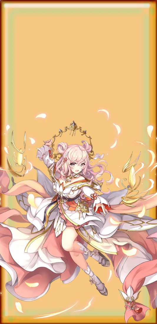 粉发兽耳魔法少女身着华丽粉白裙装，在暖橙渐变背景中舒展裙摆，周身环绕光效。