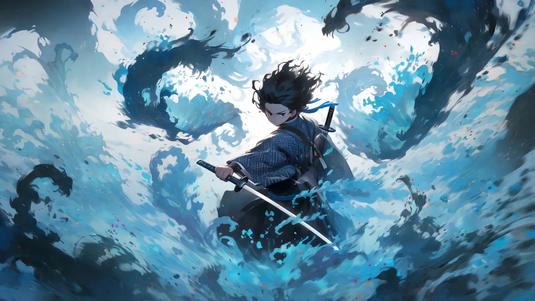 4k剑客壁纸|浪涌龙形背景图片 - 奇幻水墨「哲风壁纸」 水墨风格持剑少年立于浪涛间,浪涛幻化为龙形环绕周身。