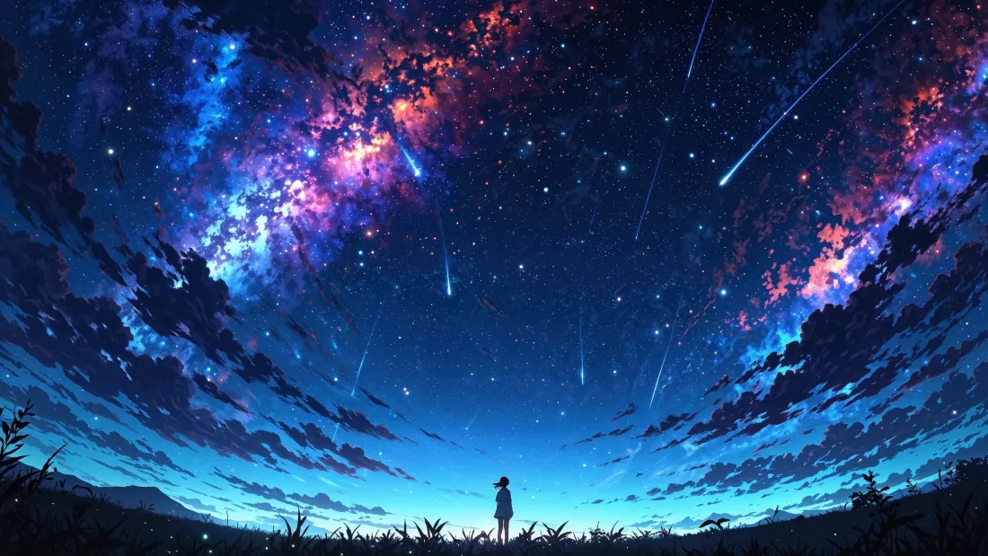 女孩剪影立于草地，仰望布满流星与绚烂星云的浩瀚夜空