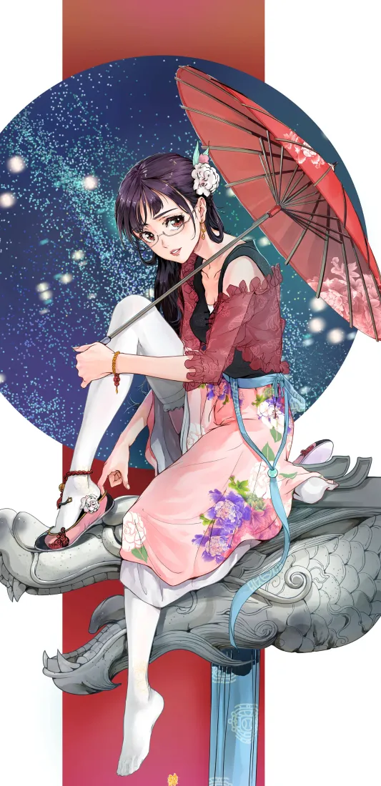 戴眼镜的紫发国风少女坐石雕上，持红伞，身后是星空圆形背景。
