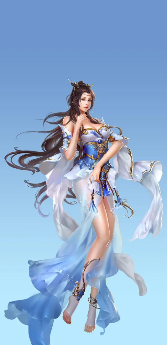 身着蓝白仙侠服饰的古风女子悬浮于渐变蓝天背景中，衣袂飘逸。