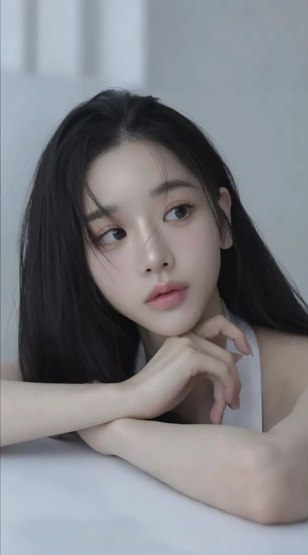 黑长直长发女子手肘撑在白色台面上，手托下巴，望向侧方，背景为浅白简约墙面。
