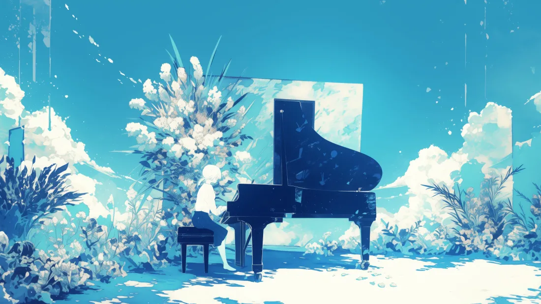 蓝白调二次元雪景，少女坐于三角钢琴前，四周环绕花草与晴空白云。