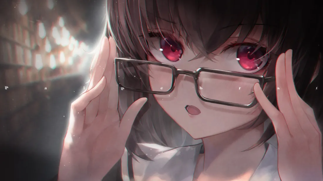 红瞳黑发二次元少女双手扶黑框眼镜，背景虚化光斑，氛围柔和梦幻