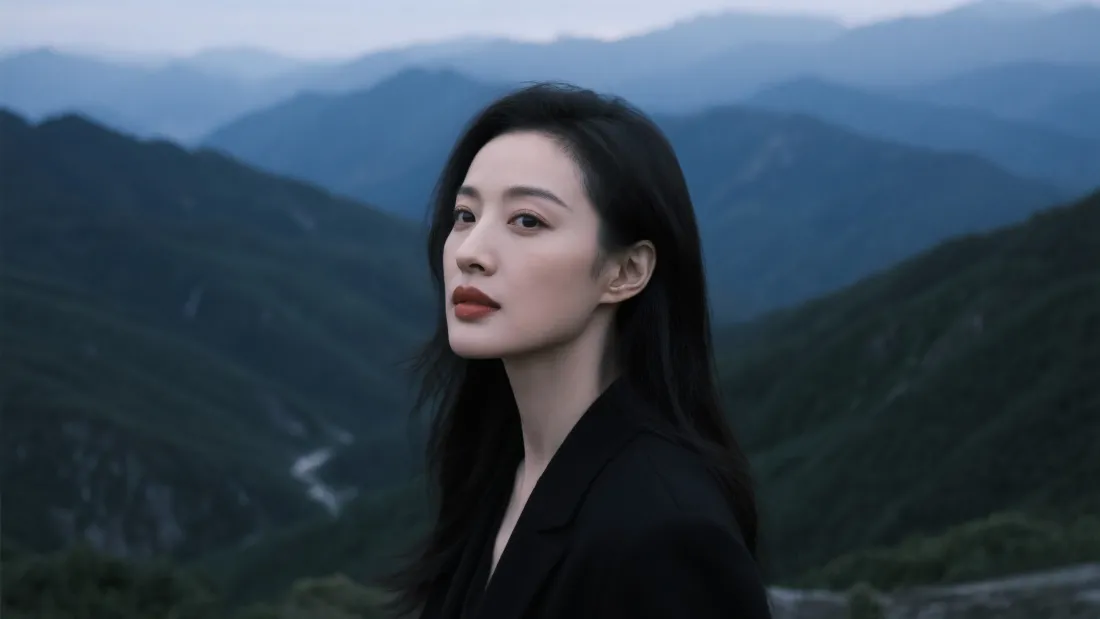 4k倪妮壁纸|山景背景图片 - 倪妮「哲风壁纸」 倪妮身着黑色西装,立于层叠远山前,侧脸望向远方,氛围清冷沉静。