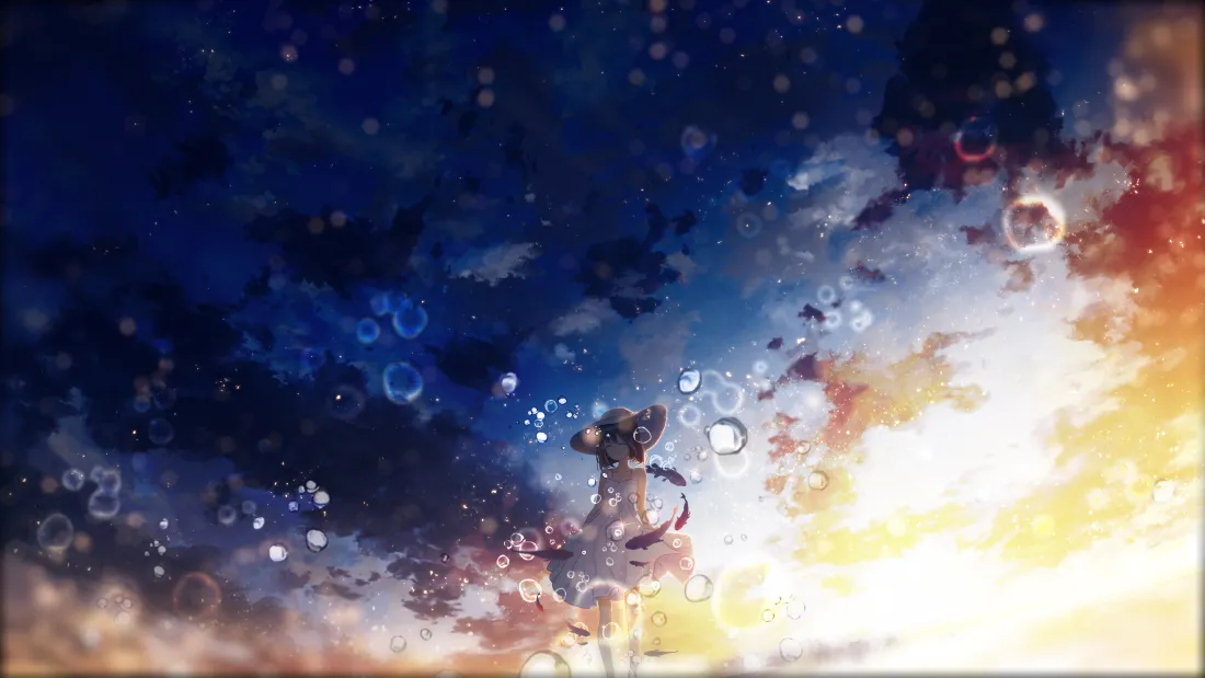 戴帽少女背对镜头，置身蓝黄渐变的梦幻星空光斑中。