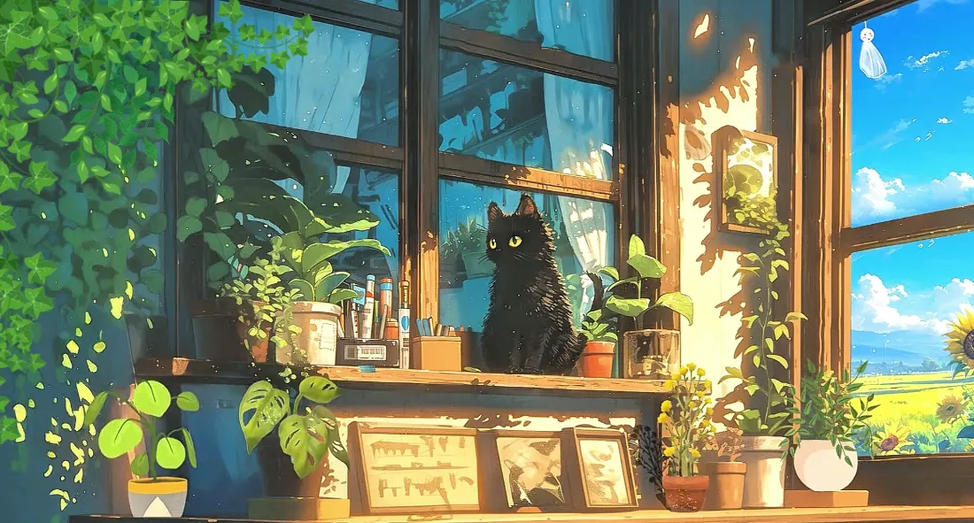 2k黑猫壁纸｜窗台绿植背景图片 - 治愈插画「哲风壁纸」
