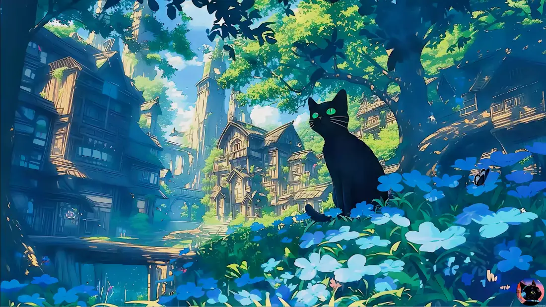 4k奇幻城堡壁纸|黑猫森林秘境背景图片 - 自然幻想「哲风壁纸」 蓝花簇拥的黑猫坐于林间,背景是被绿植覆盖的奇幻古旧建筑。