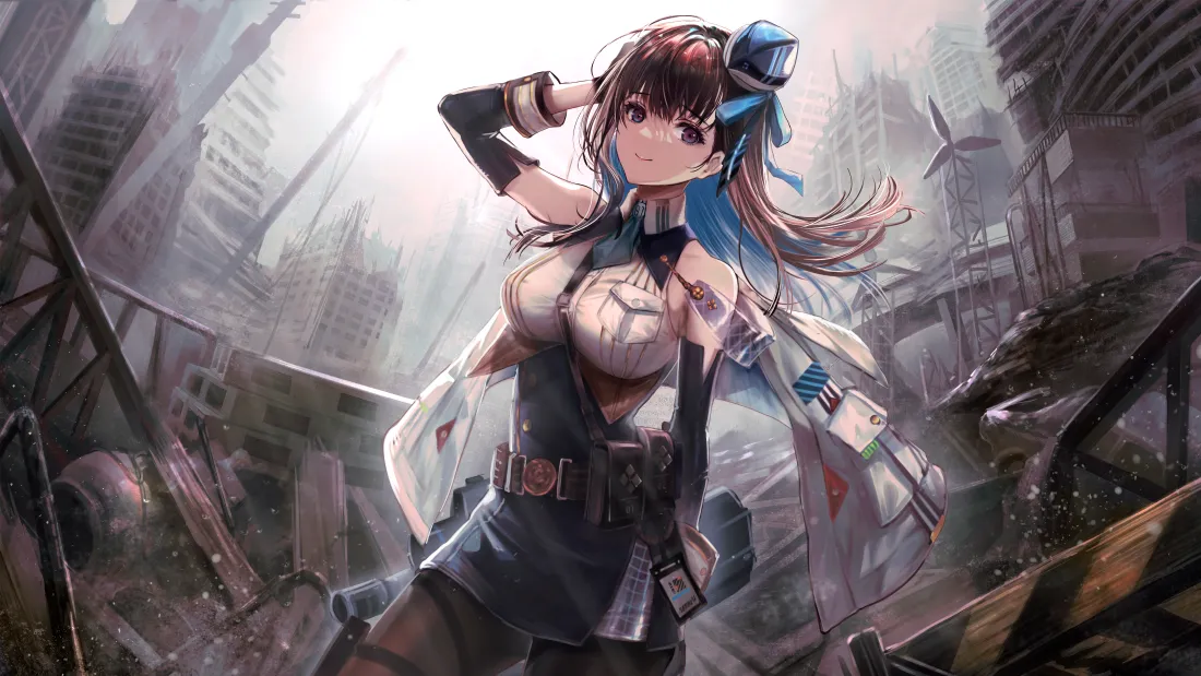 双马尾二次元少女立于雾气弥漫的机械废墟城市中，姿态飒爽。