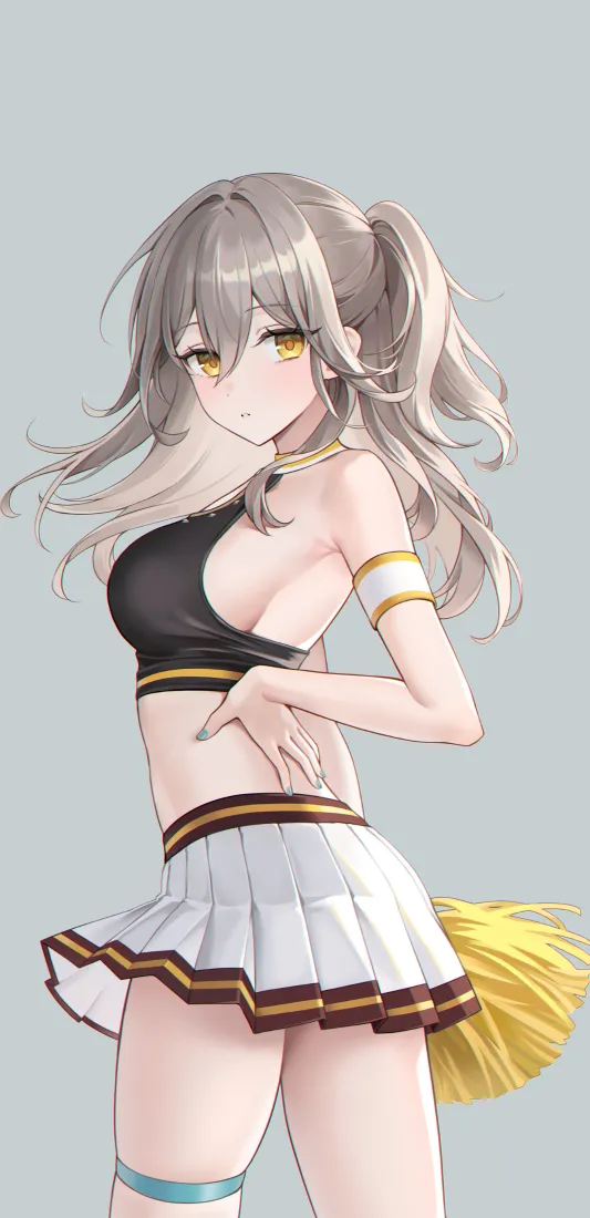 灰发金瞳二次元少女身着啦啦队服，手持黄色花球，背景为浅灰纯色。