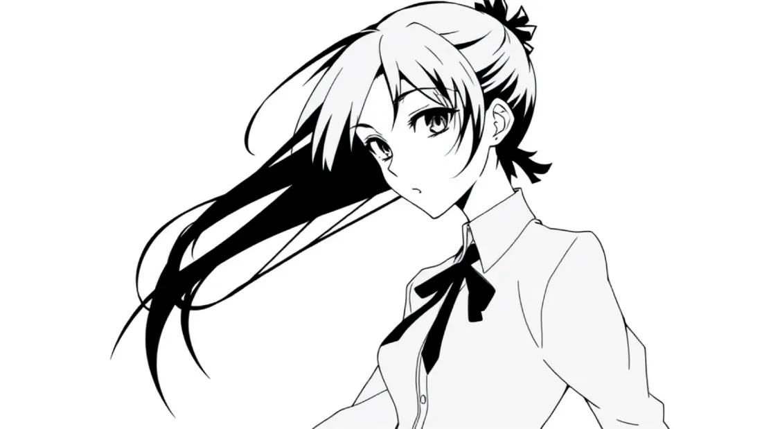 黑白线稿风格的扎马尾动漫少女，穿衬衫系领结，背景纯白。
