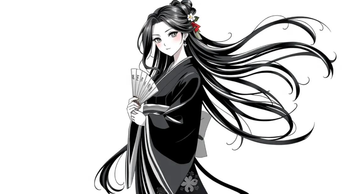 黑白日系和服少女，长发飘逸，手持折扇，背景纯白。