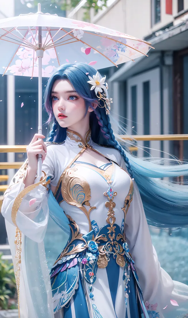 蓝发古风女子手持印花油纸伞，立于临水古建旁，花瓣飘落。