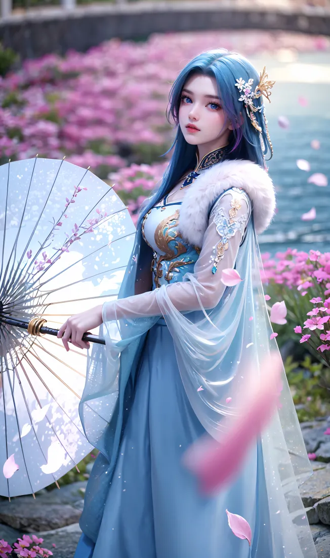 蓝发古风女子身着蓝白纱质长裙，手持油纸伞立于粉色花田水岸旁，花瓣飘落。