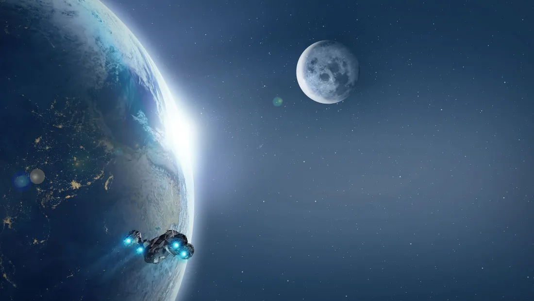 深空视角下的地球边缘、月球与小型星舰，点缀细碎星点。